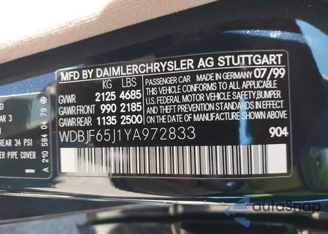 2000 Mercedes-Benz E 320 from USA, damaged, VIN WDBJF65J1YA972833